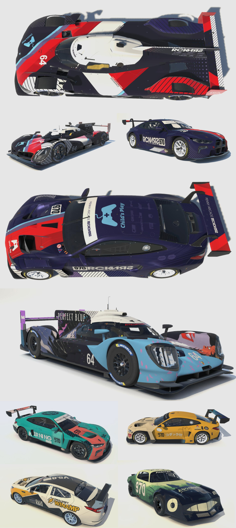 A variety of iRacing liveries